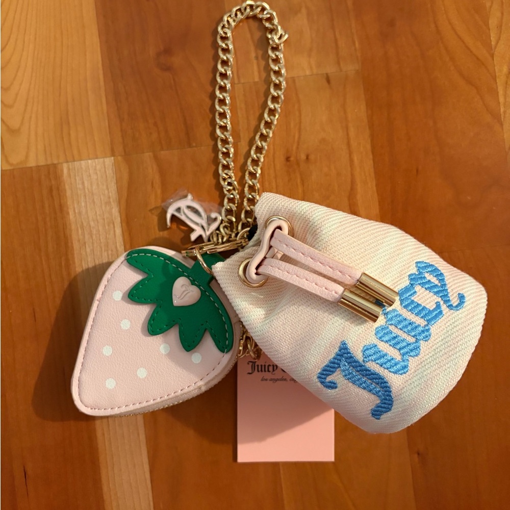 Juicy Couture Pink Strawberry & Drawstring Pouch with Gold Chain